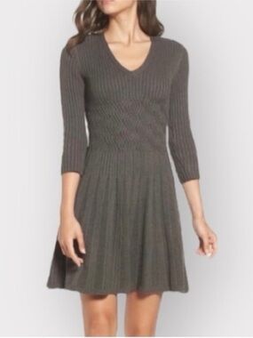 Eliza J Taupe Ribbed V-Neck Fit-and-Flare Sweater Dress